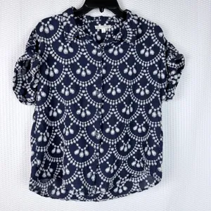 Fig + Flower Navy Blue White Embroidered Button Front Blouse Short Sleeve Medium thumbnail 1