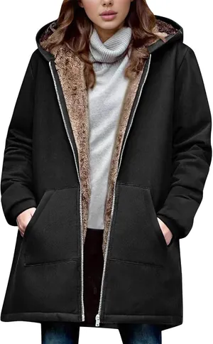NWT ~ Long Black Thick Hoodie Style Coat Sherpa Fur Lined Jacket ~ Women's XL thumbnail 1