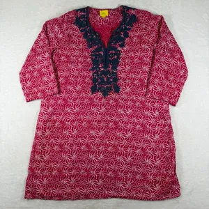 Roller Rabbit Pink White Geometric Cotton Tunic Kurta Navy Embroidery Medium thumbnail 1