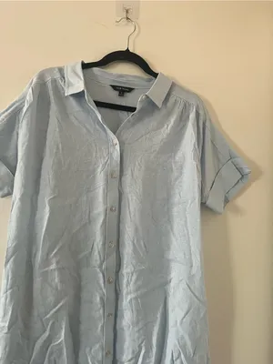 Light Blue Linen Blend Button Up Shirt Mini Dress Large Coastal Beach Resort thumbnail 3