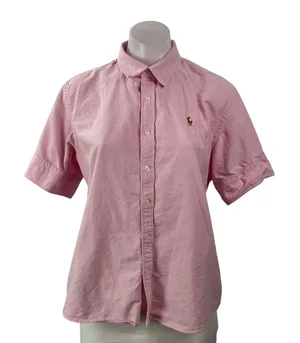 Ralph Lauren Women's Pink Cotton Short Sleeve Button Down Shirt Top Size 14 thumbnail 1