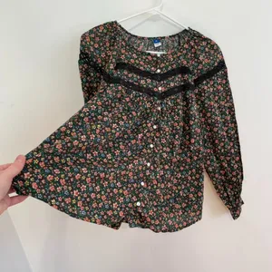 OLD NAVY Long Sleeve Lace Trimmed Floral Print Blouse Brown Button Cottagecore thumbnail 8
