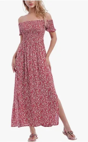 Cottagecore Boho Off Shoulder smocked Floral Maxi Dress Beach Slit Red white M/L thumbnail 1