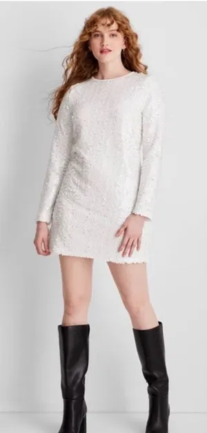 Future Collective Dress Women White Sequin Long‎ Sleeve Mini Party Sparkle XL thumbnail 1