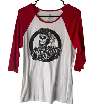 Suavecita Pomade 2010s Skull Rose Baseball Tee Red‎ White Rockabilly Women's XL thumbnail 1