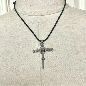 Hematite nail stake cross on cord Gray thumbnail 5