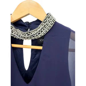 Xscape Chiffon Overlay Bead Choker Neck Shift Dress Sz 4 Navy Blue Cocktail NWT thumbnail 3
