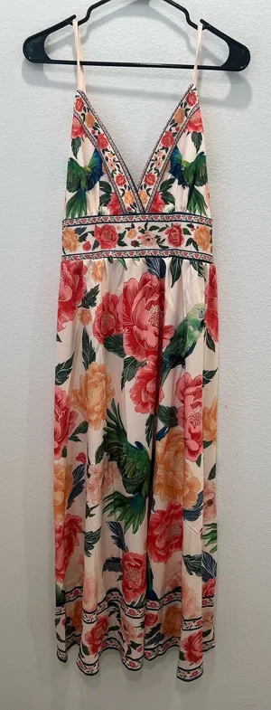 Floral V-Neck Maxi Dress with Parrot Print -by Sunday Up Size L thumbnail 1