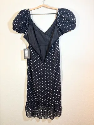 Pretty Little Thing Black Polka Dot Puff Sleeve Off Shoulder Midi Dress Size 6 thumbnail 6