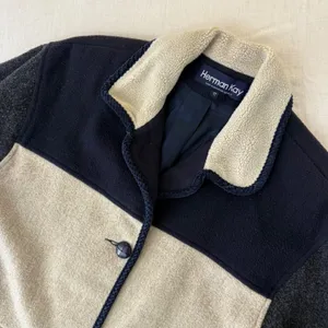 Herman Kay Vintage Women 12 Colorblock Wool‎ Coat Sherpa Collar Navy Grey Beige thumbnail 4