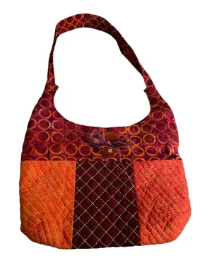 Vintage Handmade Boho Patchwork Quilted Shoulder Bag Orange Red Cottagecore thumbnail 1