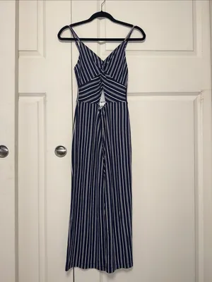 Hollister Navy & White Vertical-Striped Knot Waist Jumpsuit thumbnail 4