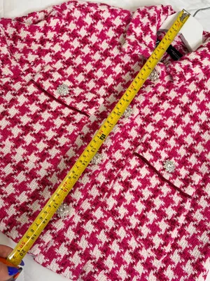 Zara XS Pink White Houndstooth Cropped Tweed Jacket Rhinestone Buttons Preppy Chic thumbnail 6
