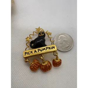 Vintage Halloween Brooch Gold Tone Black Cat Pick A Pumpkin Dangle Pin Enamel thumbnail 5