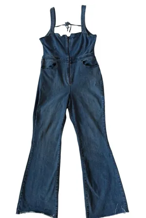 Free People We The Free CRVY Blue Denim backless jumpsuit Size 16 thumbnail 1
