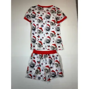 Womens Christmas Pajama Set Cat Santa Holiday Sleepwear Lounge Red White thumbnail 2