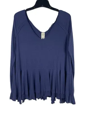 Free People We The Free Blue Ribbed Peplum Top Oversized XS Boho Raw Hem L Vneck thumbnail 1