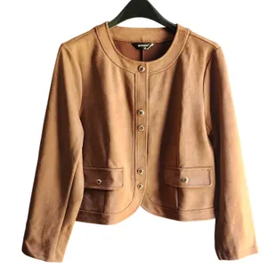 Allegra K Womens Jacket Brown Faux Suede Cropped‎ Gold Button L thumbnail 1