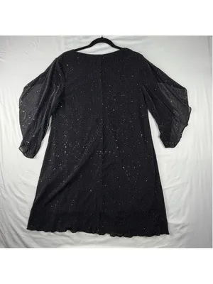 Black Metallic Sparkle V-Neck Dress Split Bell Sleeve Cocktail Party 0XL thumbnail 2