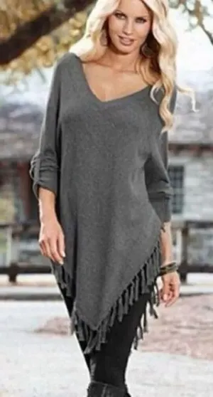 ✨VENUS Gray V-Neck Fringe Tassel Hem Button Cuff Sz S Poncho Sweater✨ thumbnail 1