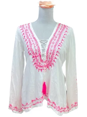 VINTAGE HAVANA WHITE AND NEON PINK EMBROIDERED GYPSY TUNIC TOP size M thumbnail 1