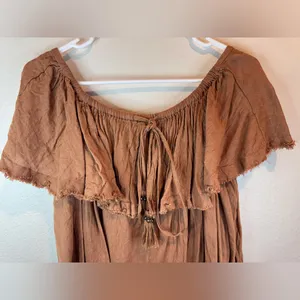 Free People‎ Boho Brown Ruffled Relaxed Cotton Tunic Size S thumbnail 8