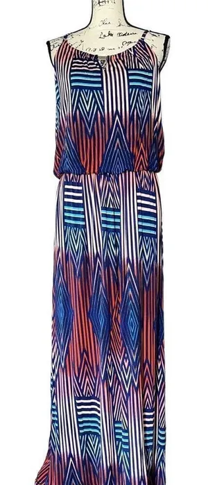 Allison‎ Brittney Blue Orange Geometric Sleeveless Maxi Dress Large NWT thumbnail 1