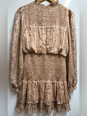 Lulu's Dash of Chic Tan Multi Print Smocked Long Sleeve Mini Dress size medium thumbnail 6
