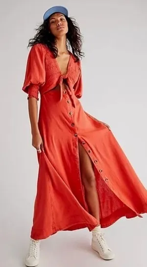 Free People Red Orange String of Hearts Button Down Puff Sleeve Maxi Dress Small thumbnail 1