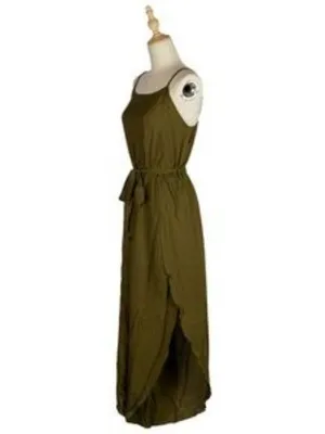 Olive Green High Slit Jumpsuit Spaghetti Strap Belted Wide Leg Boho Women M NWT thumbnail 6