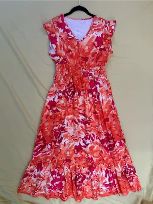 V-Neck Floral Maxi/midi Dress in Orange & Red, ruffled hem, size medium NWOT thumbnail 1
