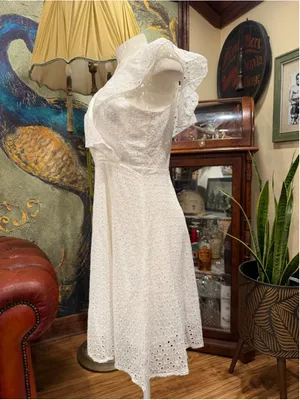 SHEIN White Eyelet Lace Ruffle Wrap Mini Dress Size M Minimalist Coastal Resort thumbnail 5
