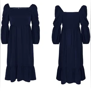 NEW Navy Blue Smocked Square Neck Puff Sleeve Ruffle Hem Dress Size XL thumbnail 4