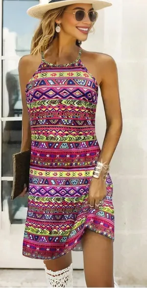 Women's Casual Crew Neck Bodycon Dress Floral Boho thumbnail 1
