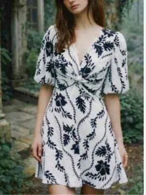 White Floral Linen-Blend Puff Sleeve Dress thumbnail 2