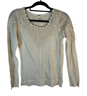 Free People Ivory Embroidered Mesh Studded Long Sleeve‎ Thermal Top Size M boho thumbnail 1