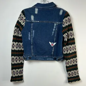 Free People Distressed Denim Jacket Fair Isle Wool Knit Sleeves Blue Small thumbnail 2