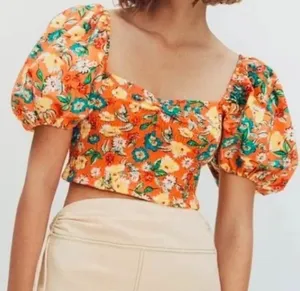 Zara Orange Floral Crop Top Crop Puff Sleeve Size Small thumbnail 1