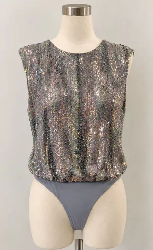 ASTR The Label Womens Sequin Sleeveless Bodysuit Grey Multi XS Party Night Out thumbnail 1