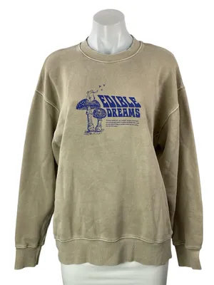 Aritzia TNA Cozy Beige Boyfriend Fleece Graphic Long Sleeve Sweatshirt Top Sz S thumbnail 1