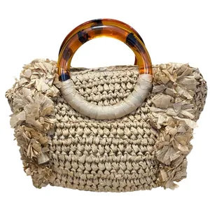 NEW Womens Woven Straw Round Resin Handle Fringe Shoulder Crossbody Handbag OS thumbnail 1
