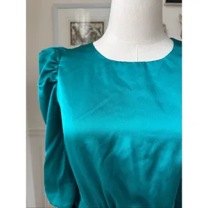 Do + Be Bow Tie Dress Teal Green Satin Mutton Sleeve Midi M thumbnail 4