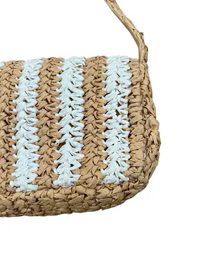 Anthropologie Woven Straw Striped Shoulder Bag Coastal White Tan Small thumbnail 6