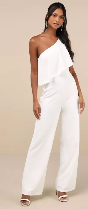 Lulus Flawless Vibes White One-Shoulder Tiered Wide-Leg Jumpsuit Classy Small thumbnail 1