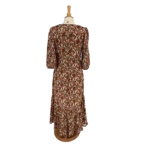 Taylor Floral High-Low Midi Dress‎ 8 Brown Gold Metallic Boho Puff Sleeve thumbnail 8