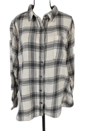 Womens SO Flannel Shirt Cream Black Plaid Size XL thumbnail 1