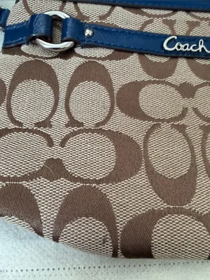 Coach Brown Signature Canvas Wristlet with Navy Trim thumbnail 5