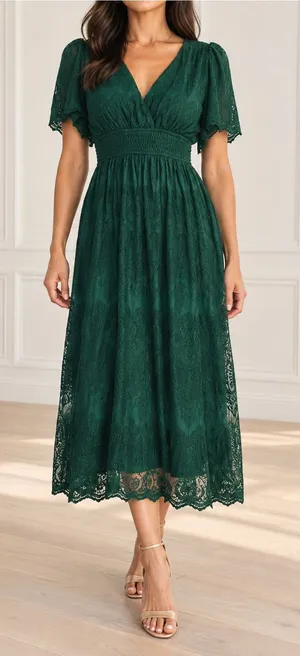 NWT Baltic Born Milena Midi Dress Medium Green Lace Smocked Waist Flutter Sleeve thumbnail 1