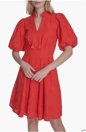 Eliza J Floral Embroidered Puff Sleeve Cotton Fit & Flare Dress in Red 14 thumbnail 1