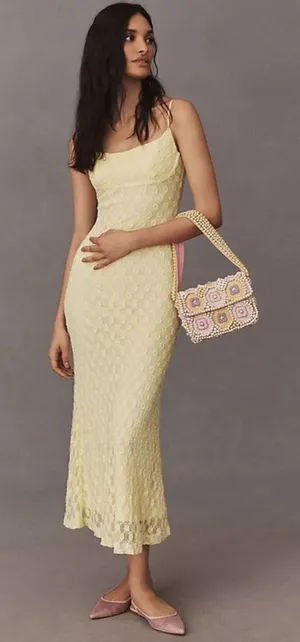 No Comment Yellow Mesh Lace Trim Y2K Bodycon Midi Dress‎ Size XL thumbnail 1